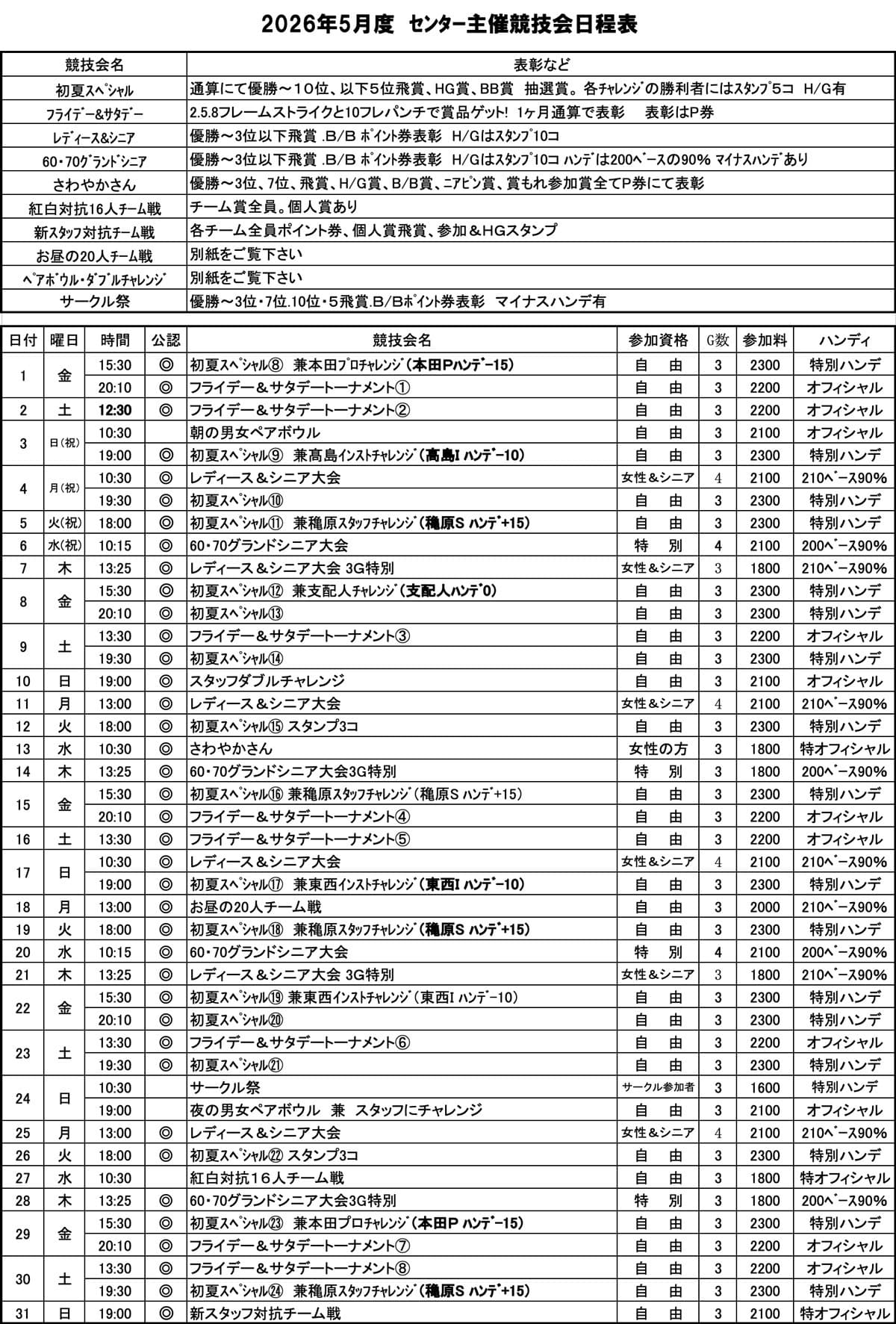 センター主催競技会日程表