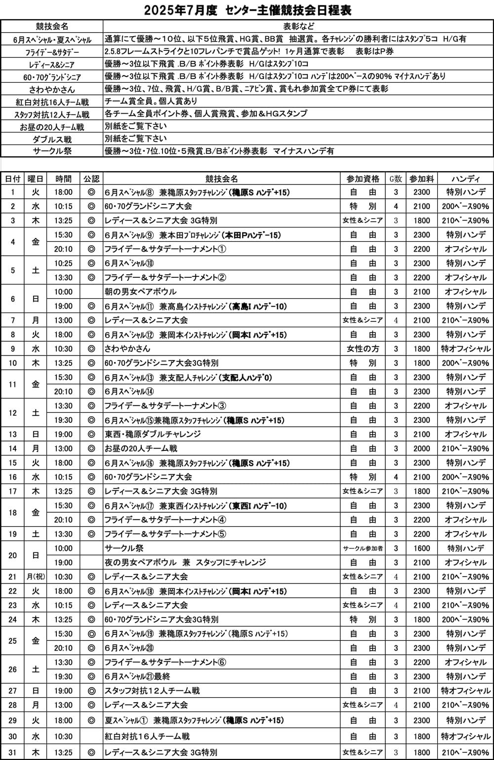 センター主催競技会日程表
