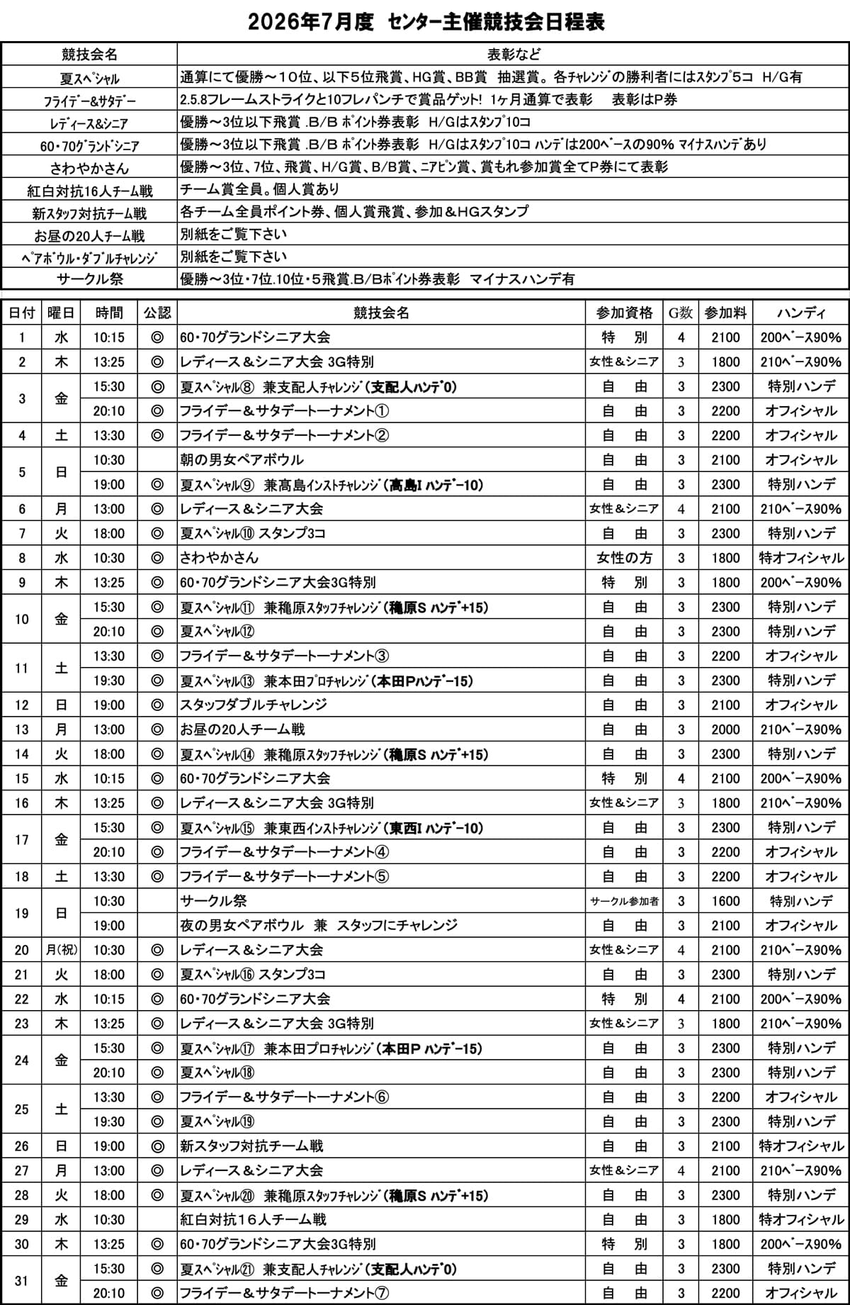 センター主催競技会日程表