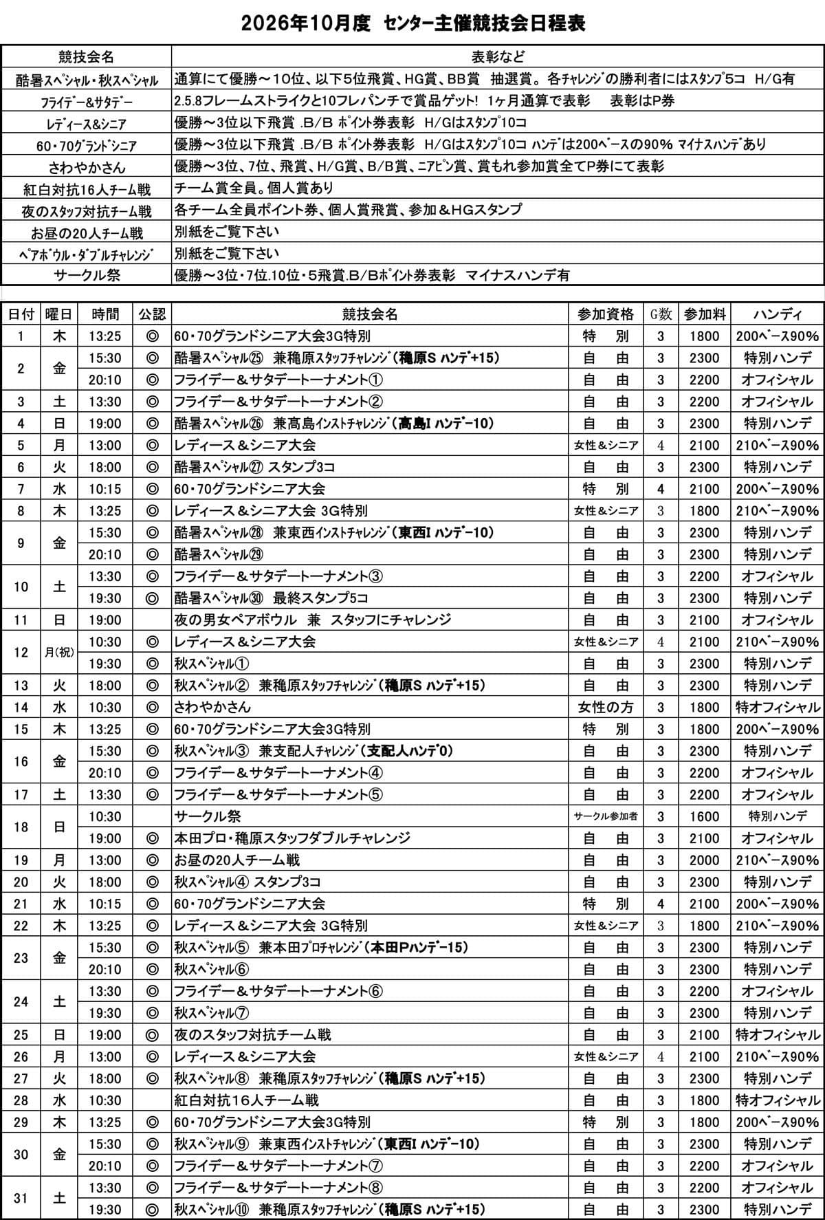 センター主催競技会日程表